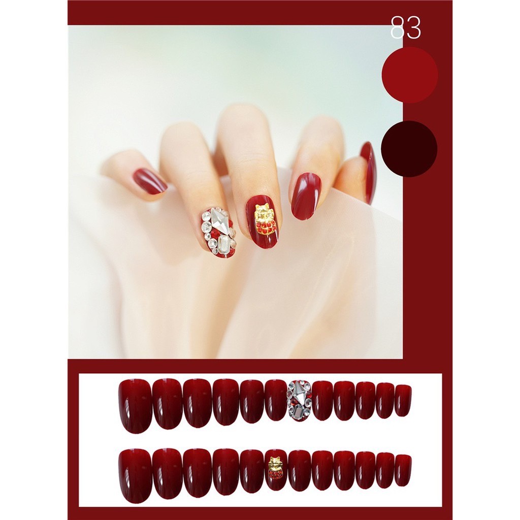 Set 24 móng tay giả , nail giả đính đá sơn gel màu đỏ đô rất sang chảnh và cá tính ( kèm keo ) DH