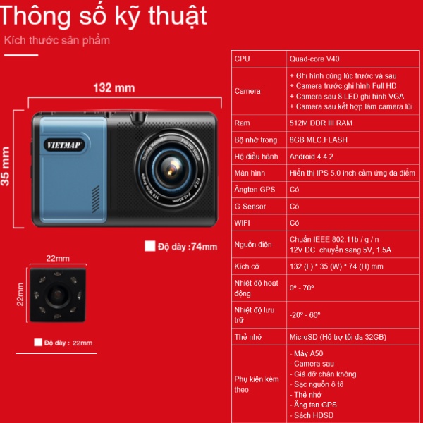 [Kèm Thẻ Nhớ 64Gb] Camera Hành Trình Vietmap A50