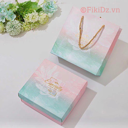 [16*15*6.5] SỈ 24K Set 2 món - hộp quà tặng &amp; túi giấy LÔNG VŨ sz nhỏ