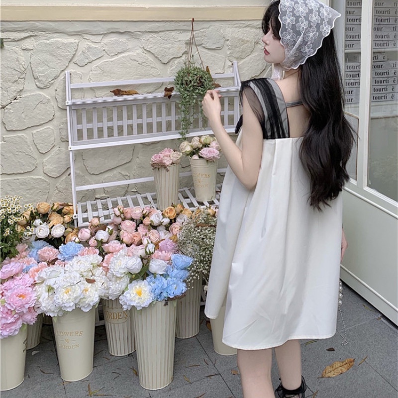 Đầm Chữ A Hai Dây Dáng Rộng Màu Sắc Tương Phản Cho Nữ