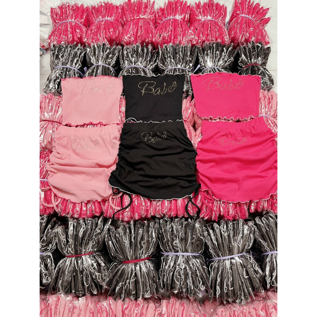 SET BỘ THUN ÁO ỐNG PHỐI CHÂN VÁY DÂY RÚT 2 BÊN CHỮ BABE THÊU SEXY