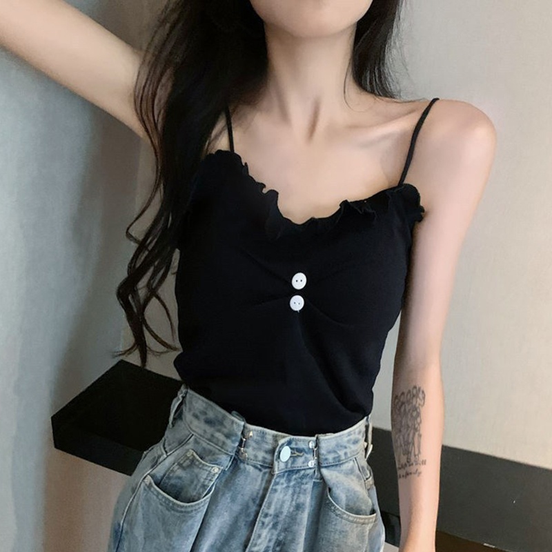 Brroa Áo Croptop Dệt Kim Sát Nách Màu Trơn Cài Nút Trước Viền Diềm Xếp Nếp Phong Cách Hàn Quốc Cho Nữ