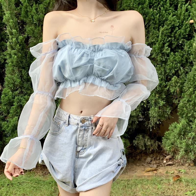 Áo Kiểu Tay Dài Phồng Trễ Vai Phối Lưới Phong Cách Pháp