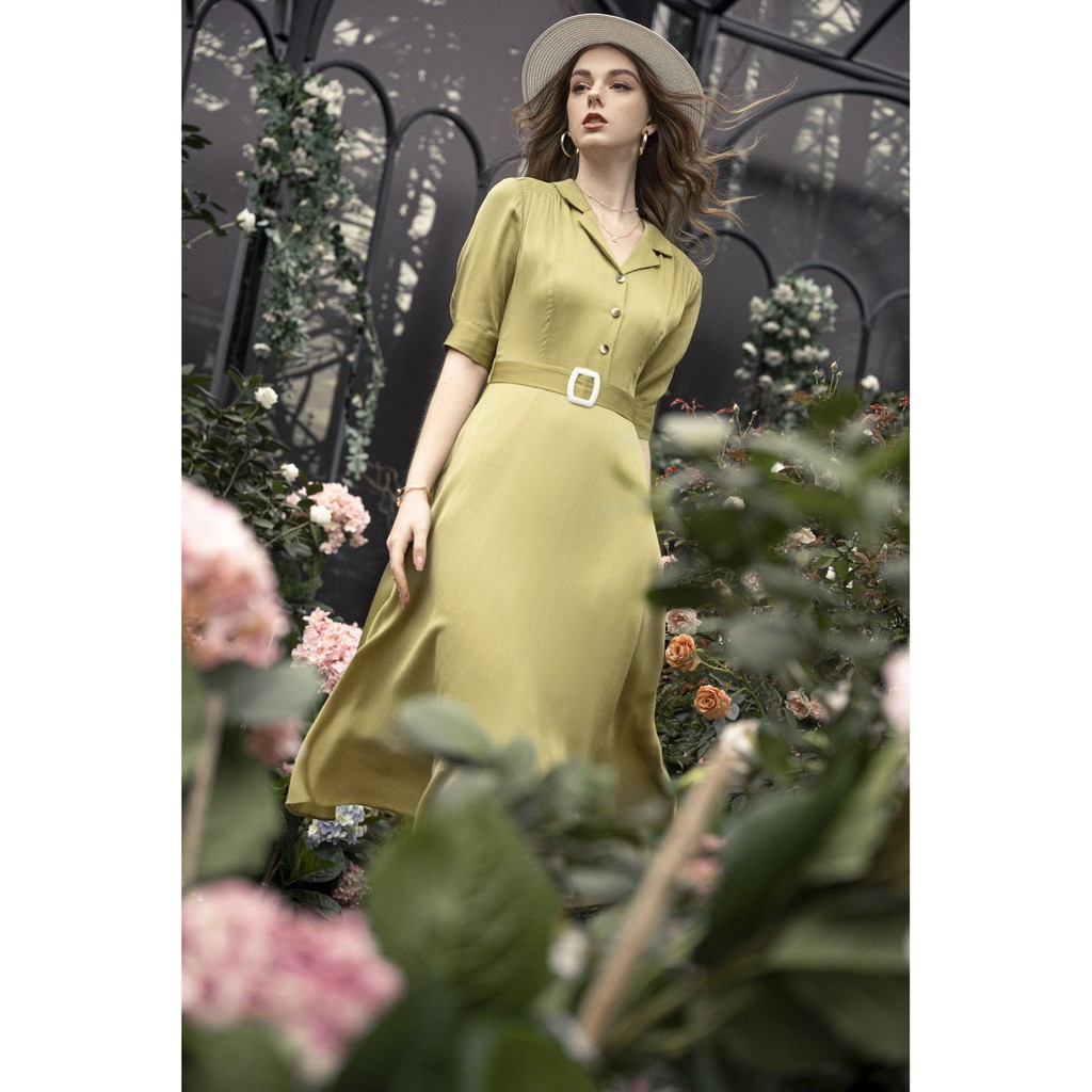 Đầm xòe cổ be, chun vai, đai eo rời Emspo DM4023