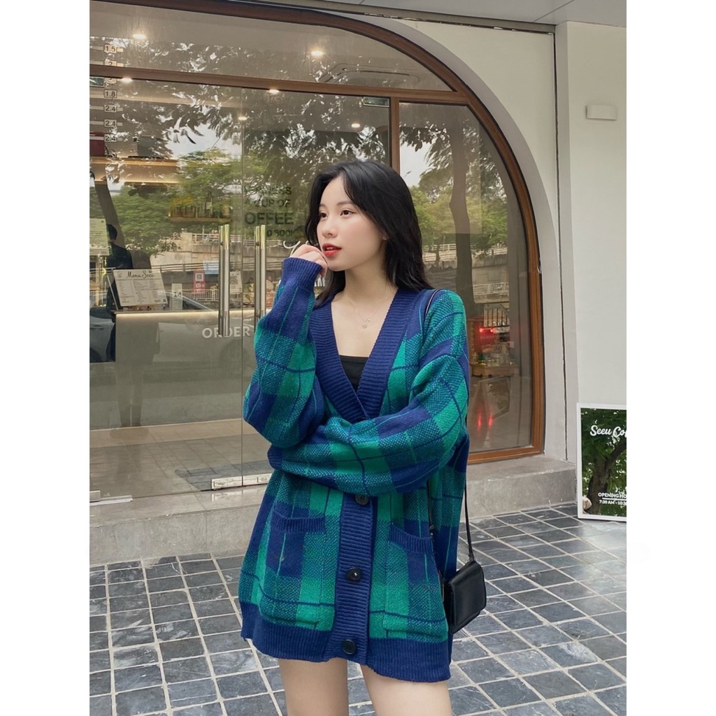 Áo khoác cardigan len kẻ caro form rộng chùm mông phong cách ulzzang Hàn Quốc