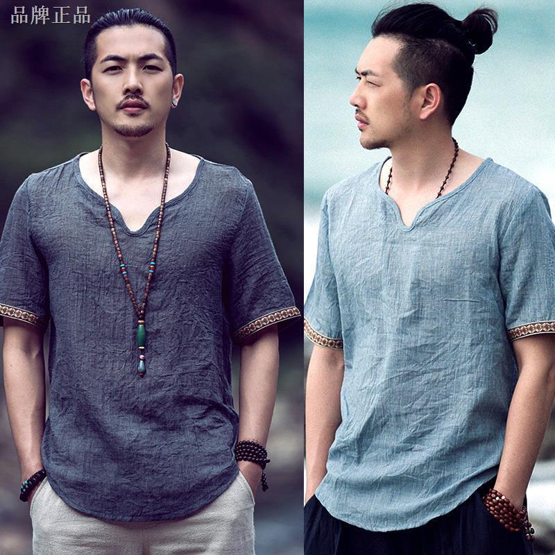 Áo Thun Tay Ngắn Vải Lanh Cotton Siêu Mỏng Dáng Rộng Cài Nút Kiểu Trung Hoa Retro