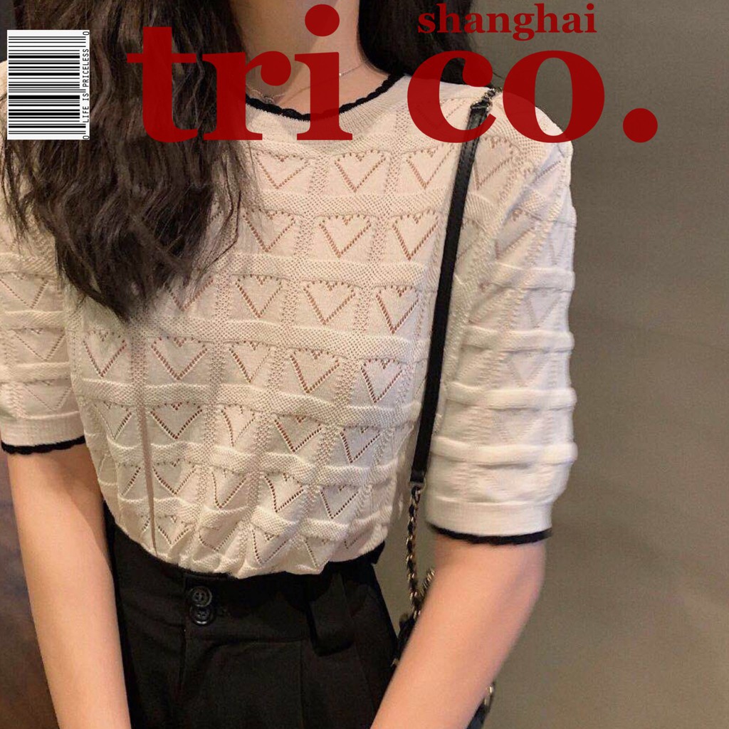 Áo thun tay ngắn họa tiết hình trái tim thêu xinh xắn cho nữ