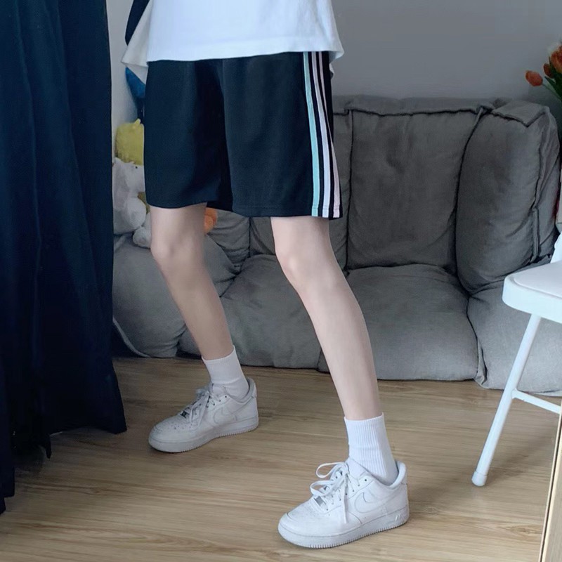 Quần short lửng 3 sọc GUU Unisex nam nữ thể thao freesize dưới 60kg cạp chun trơn