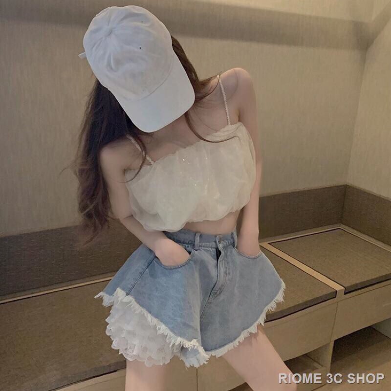 Quần Short Jeans Lưng Cao Phối Ren Thời Trang Mùa Hè 2021 Cho Nữ