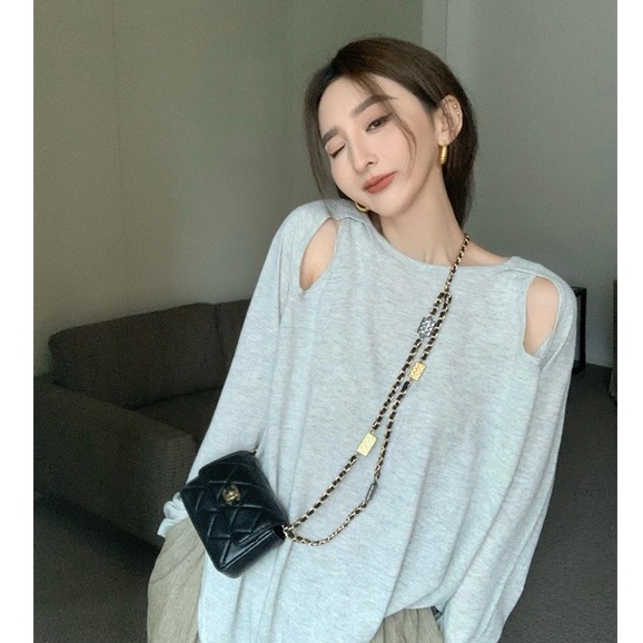 QKOOLE  Áo Thun Dệt Kim Tay Dài Cổ Tròn Màu Sắc Đơn Giản Phong Cách Hàn Quốc Cho Nữ