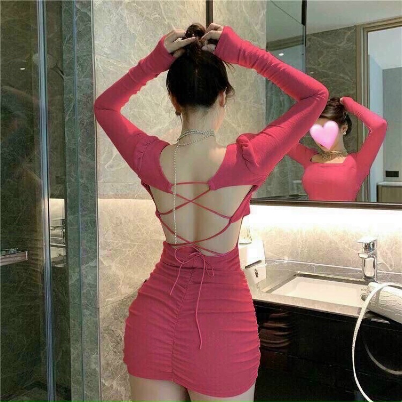Đần ôm body cổ vuông tay dài hở lưng đan dây