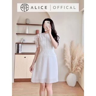 Váy ren trắng công sở alice chất vải ren mềm mịn thiết kế tay bồng phối dập ly v841