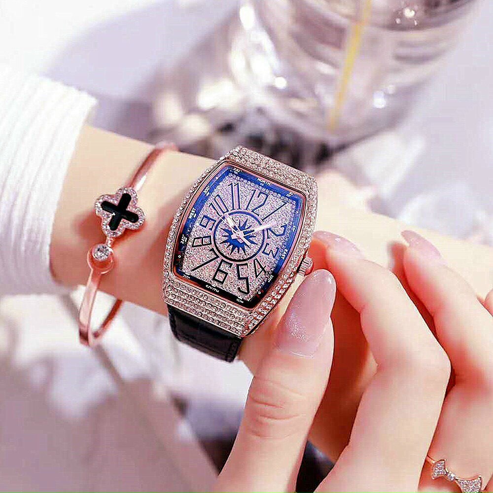 Đồng Hồ Nữ Đeo Tay Dây Da Franck Muller, Đồng Hồ Đính Đá Thời Trang Cao Cấp Siêu Đẹp Fullbox Chống Nước