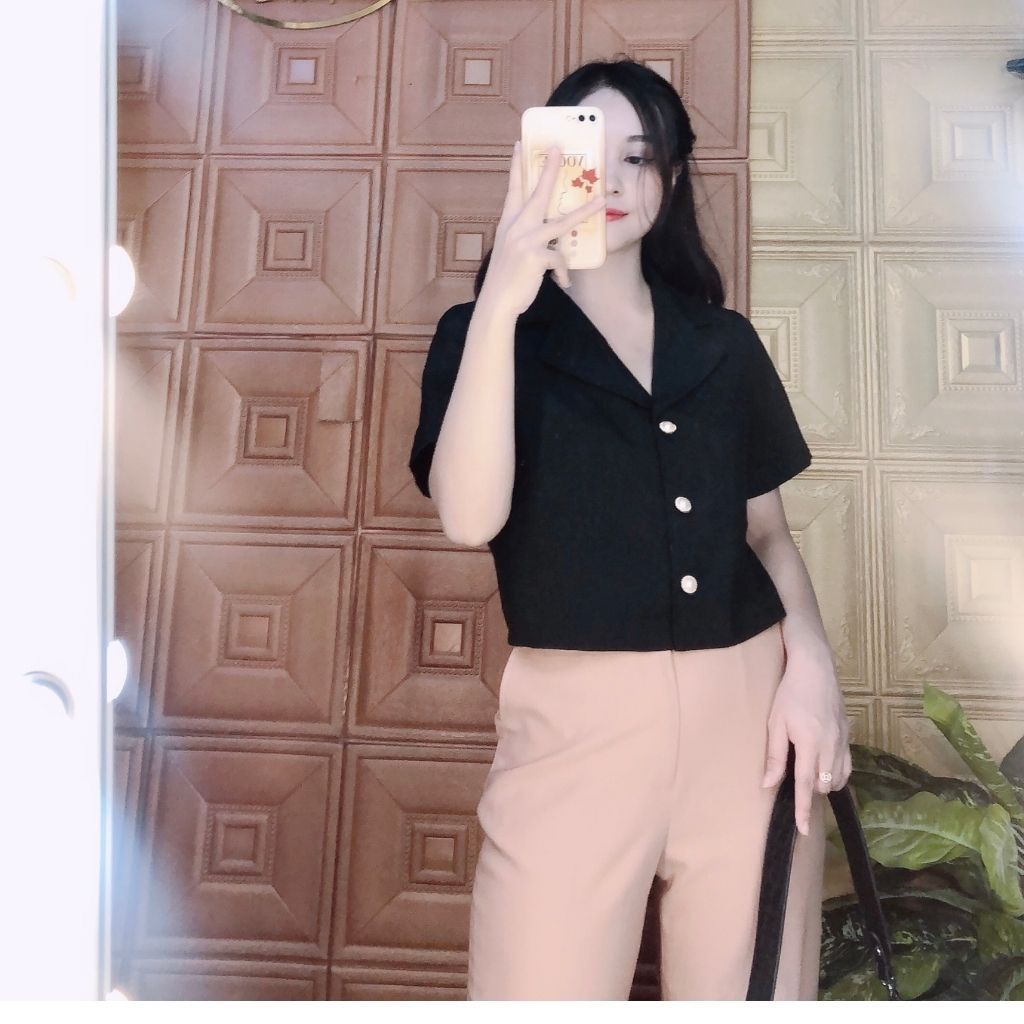 Áo cổ vét croptop nữ, chất Gân Hồng Kong cao cấp dày dặn, ko nhăn