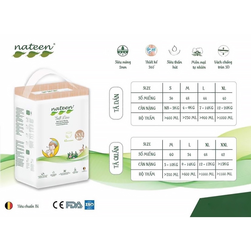 Bỉm Dán/Quần NATEEN Cao Cấp Nội Địa Bỉ Đủ Size S56/M48/M60/L44/L54/XL48/XXL42 | Minizon Kids