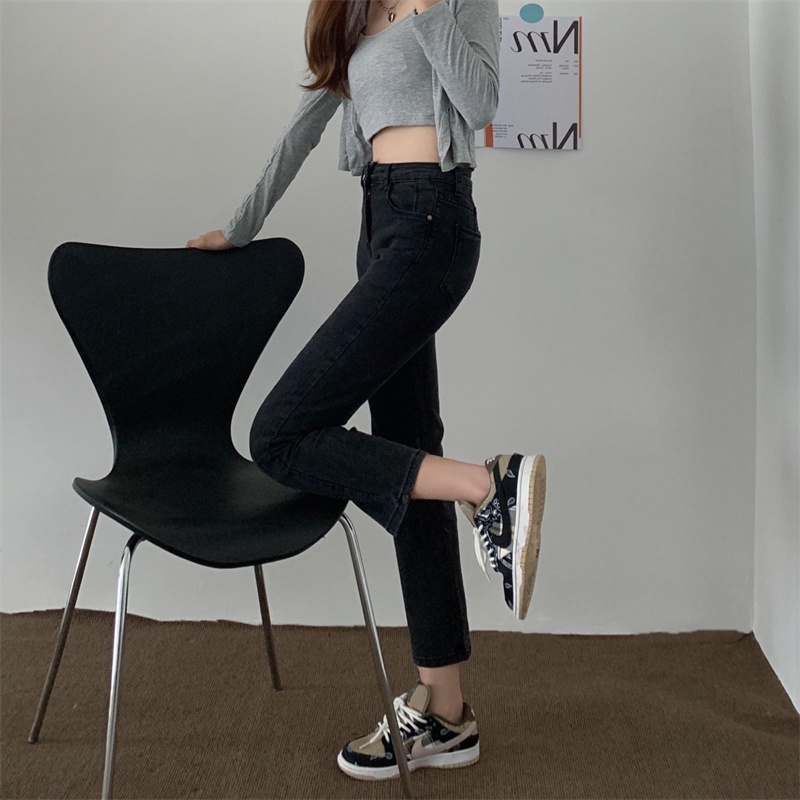 Xiaozhainv Quần jeans dài lưng cao ống đứng thời trang cho nữ