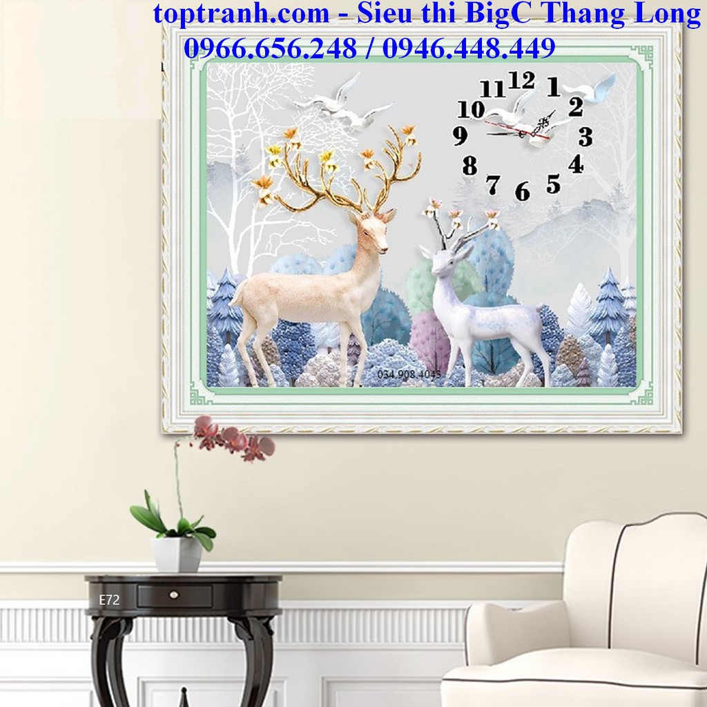 Tranh thêu chữ thập đồng hồ hươu nai tài lộc E72 chưa thêu 60x50