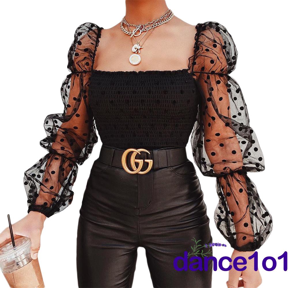 Áo Nữ Tay Dài Cổ Chữ U Họa Tiết Chấm Bi Thời Trang