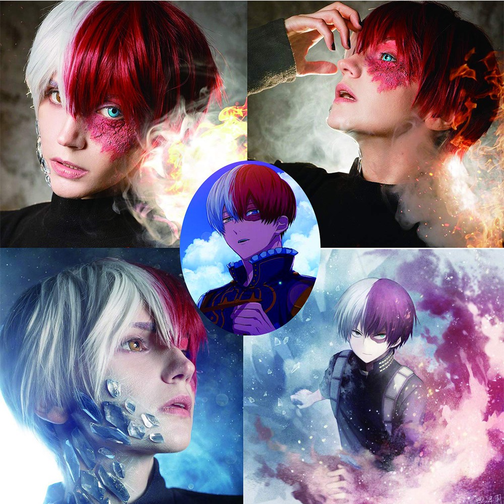 ALLGOODS Unisex My Hero Academia Wig White And Red Full Wigs Boku No Hero Academia Cosplay Wig Synthetic Hair Anime Costume Todoroki Shoto Heat Resistant Short with Bangs/Multicolor