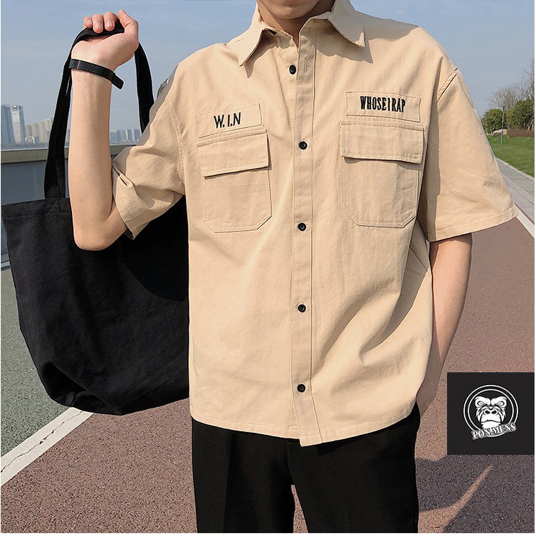 Áo sơ mi kaki nam form rộng tay lỡ phong cách Hàn Quốc 2021