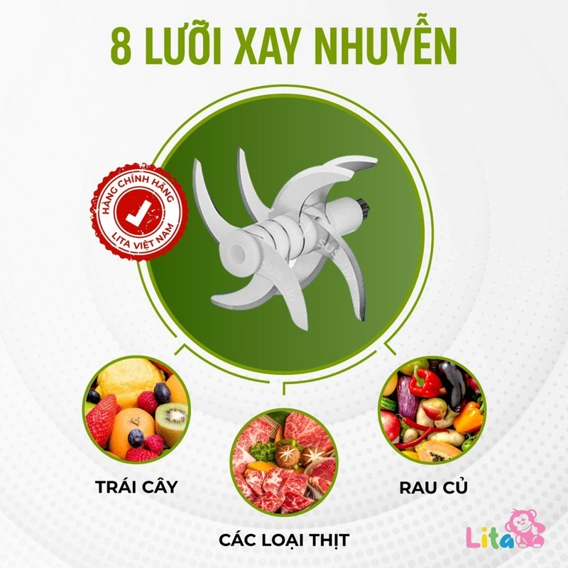 Máy xay đa năng cầm tay LITA cho bé ăn dặm bản nâng cấp 8 lưỡi dao công suất 200w bảo hành 12m