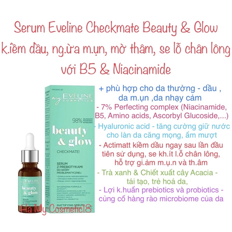 Serum Eveline Checkmate Beauty & Glow kiềm dầu, se lỗ chân lông với B5 & Niacinamide