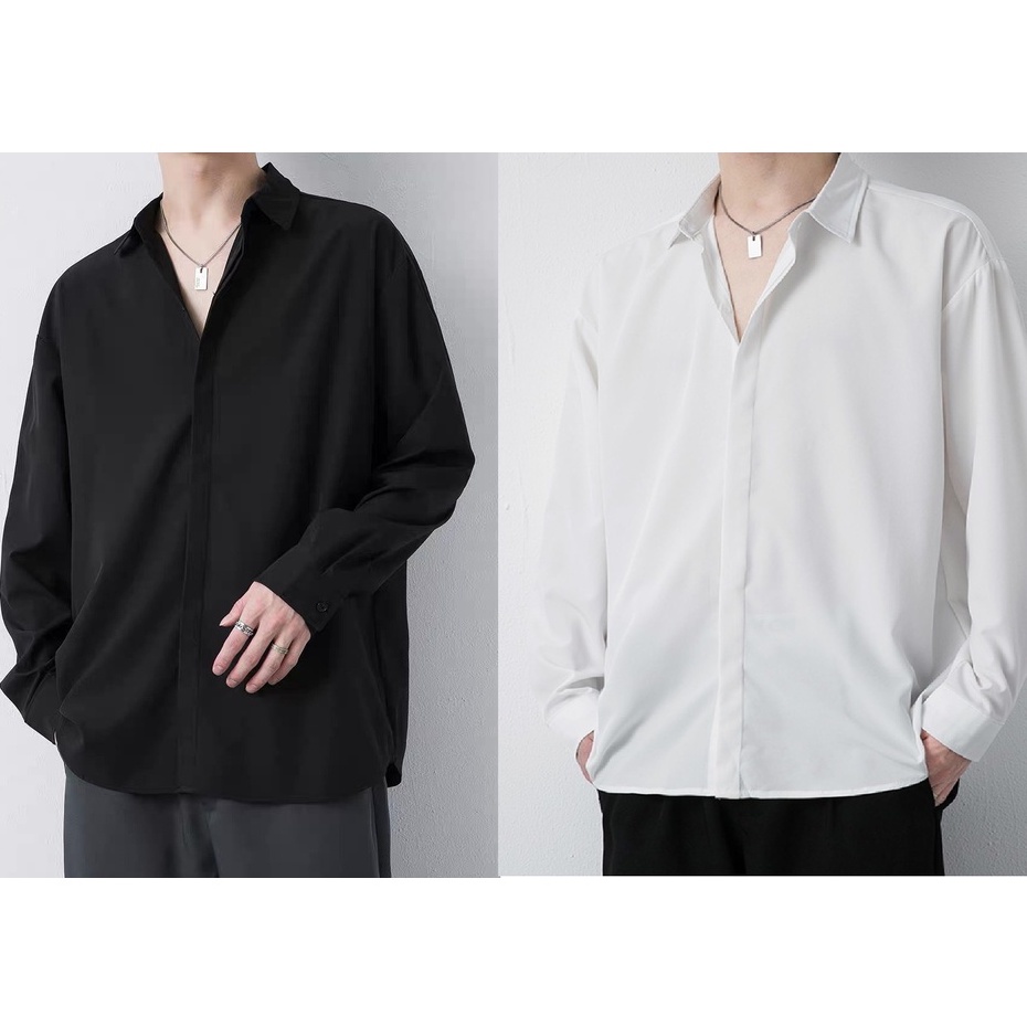 Áo sơ mi nam giấu cúc dài tay vải cotton lụa Hàn mềm mượt mặc đẹp rất mát áo sơ mi che nút fom rộng hot trend 2022 ms 26