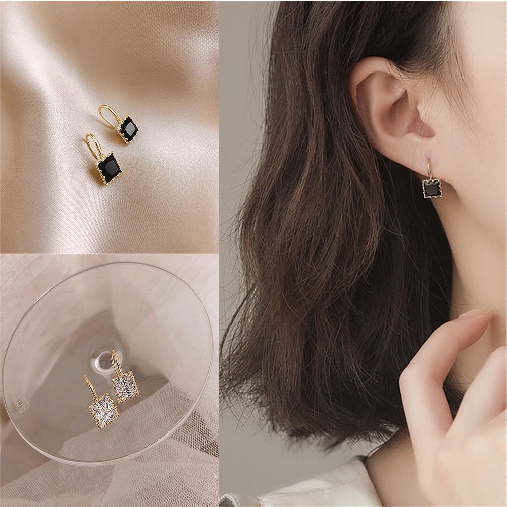 Bông tai vuông đính đá đen/trắng thời trang cho nữ