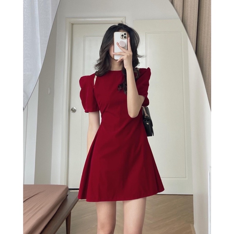 [Ảnh thật] Đầm váy nhung đỏ tay bồng xẻ vai tiểu thư