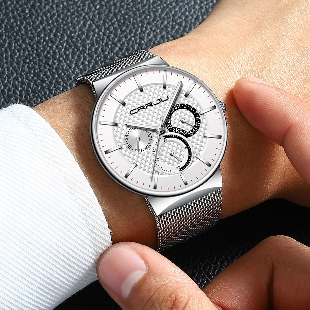 Đồng hồ đeo tay thạch anh CRRJU 2153 siêu mỏng chống thấm nước vói dây thép thời trang sang trọng cho nam