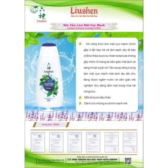 Sữa tắm Liushen làm mát cực mạnh Extreme Cooling 3X Mint  200ml