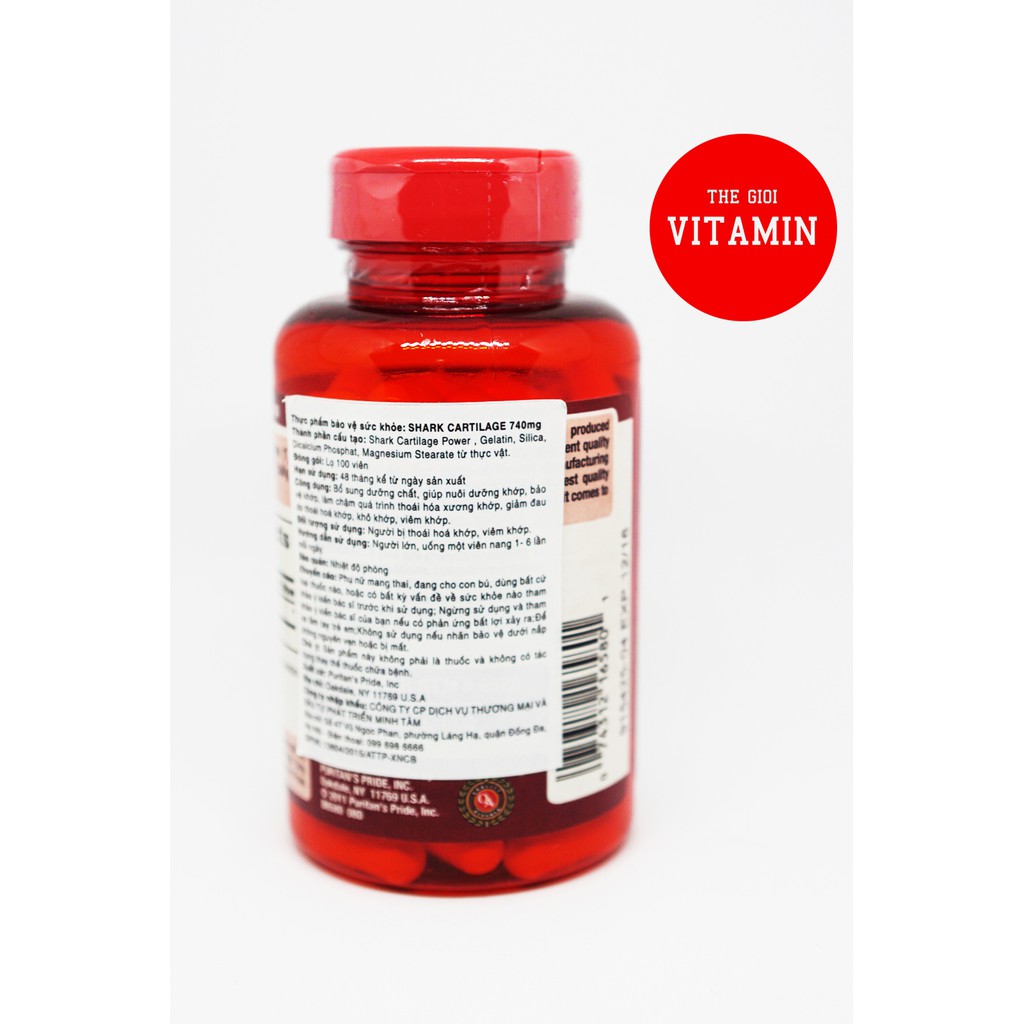 Viên uống sụn vi cá mập giảm đau khớp, bổ sung Chondroitin tăng cường dịch khớp Puritans Shark Cartilage 740mg 100 viên