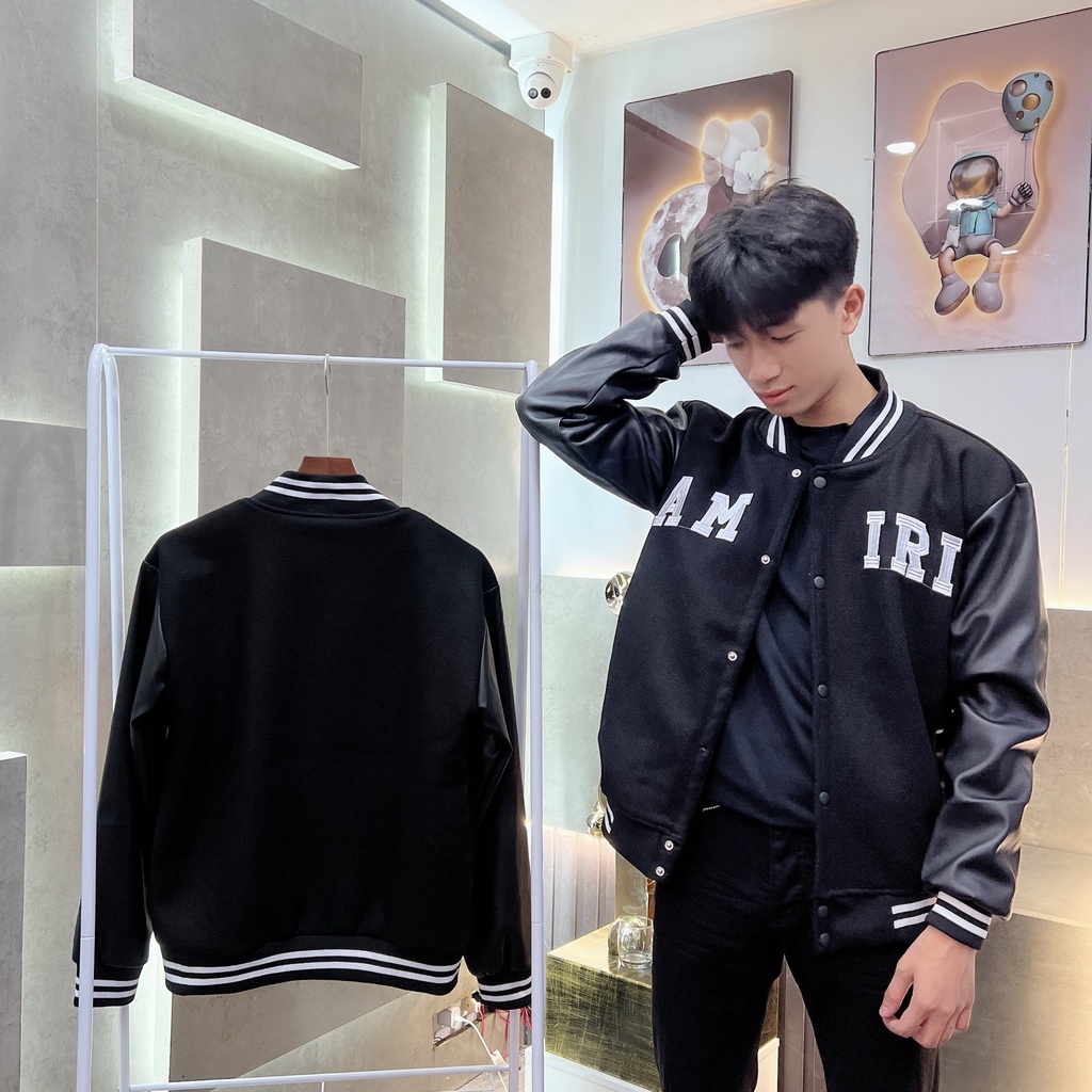 Áo Khoác Bomber Nam Chất Dạ Phối Tay Da Được Thêu Chữ Trước Ngực,Thời Trang Nam