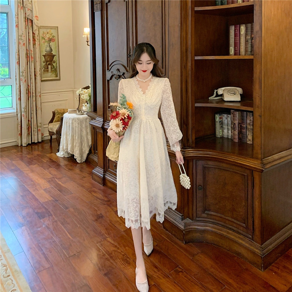 Đầm Ren Tay Dài Cổ Chữ V Ôm Eo Phong Cách Retro Pháp Thời Trang Cho Nữ