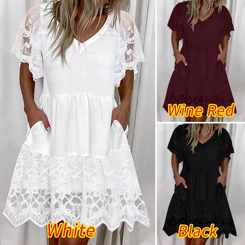 Áo Đầm ZANZEA Dành Cho Nữ Thiết Kế Cổ Chữ V Tay Ngắn May Phối Ren Mini