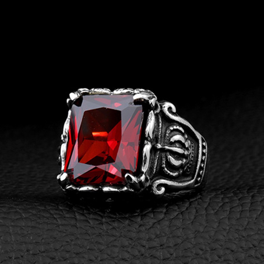 Nhẫn bằng thép titan đính đá ruby màu đỏ thời trang cá tính cho nam