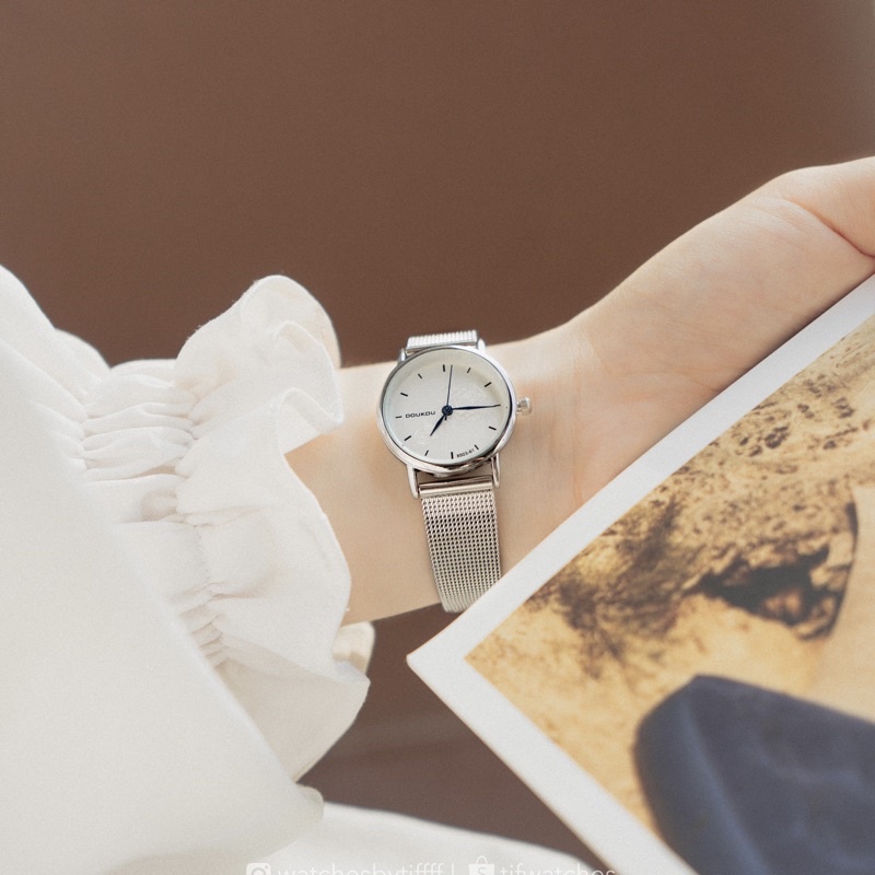 Đồng hồ nữ mặt tròn mặt nhỏ dây kim loại DOUKOU kim xanh đồng hồ nữ dễ thương Watchesbytif size 22mm đi học đi chơi