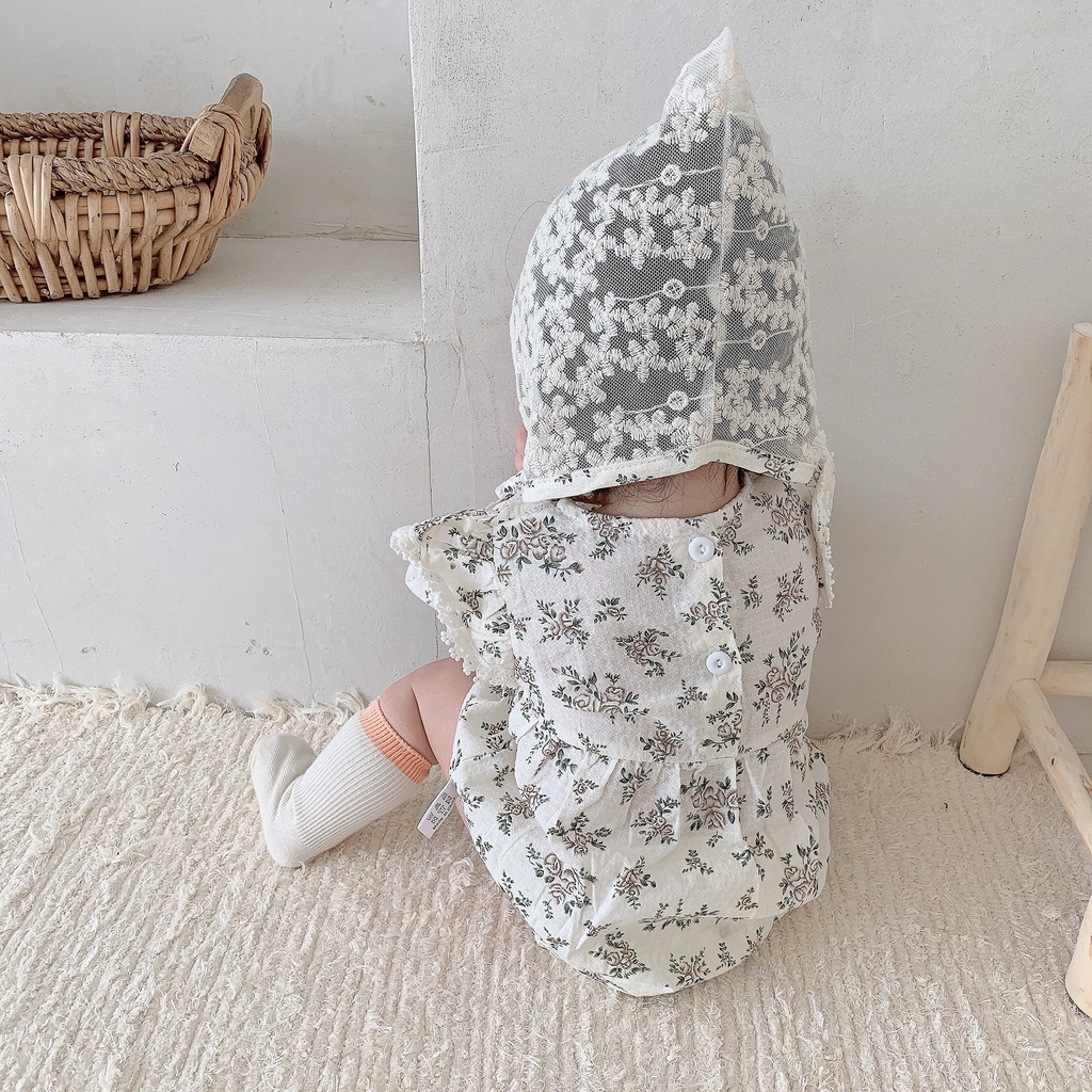 Bộ Áo Liền Quần Tay Dài In Hoa + Mũ Ren Kiểu Công Chúa Thời Trang Xuân Thu Cho Bé Gái