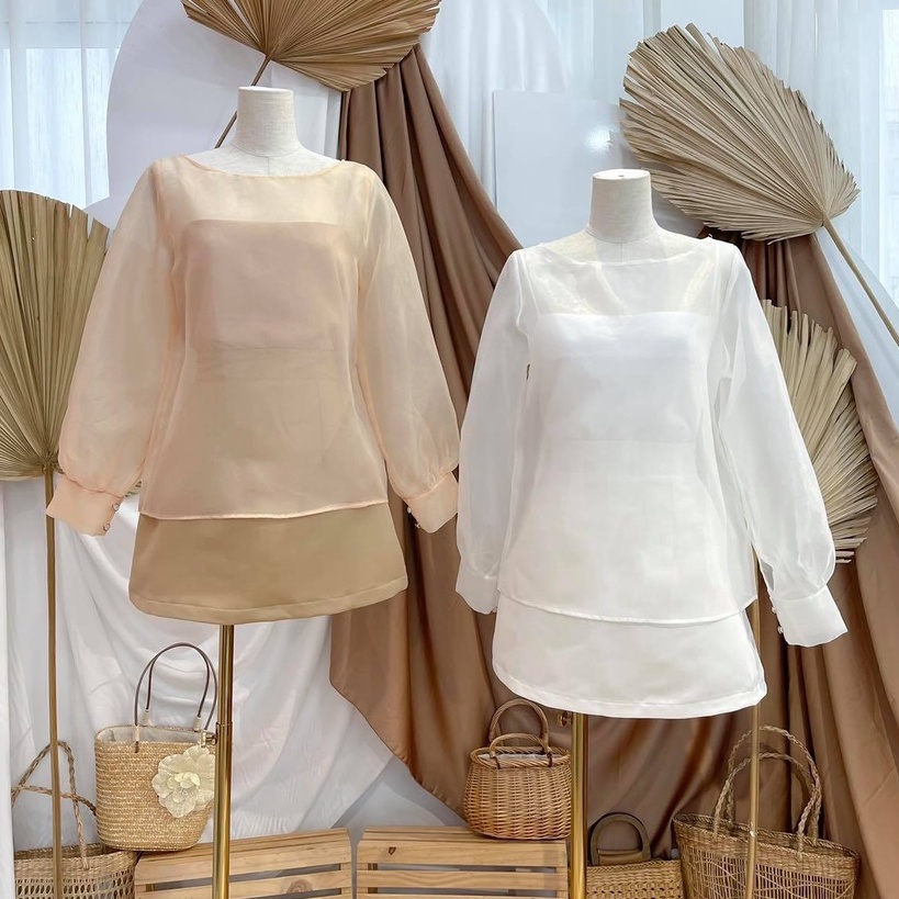 Set áo voan xốp tay dài chân váy chữ A