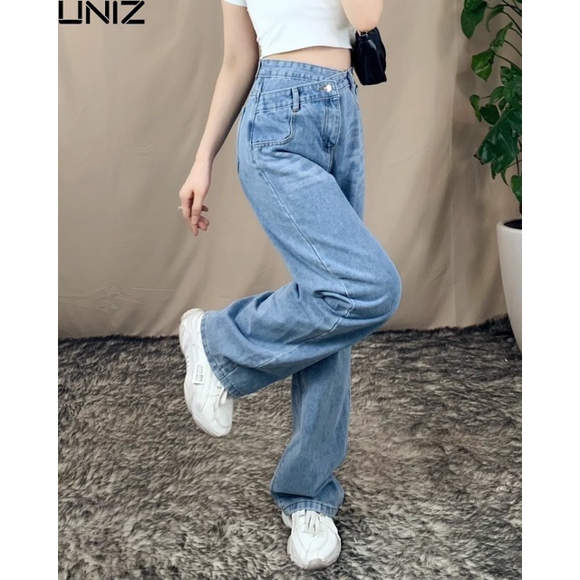 Quần Jean Nữ cạp chéo UNIZ (3 Màu) Jeancapcheo, Teen, Dáng Dài 95cm, Ống Rộng, Cạp Chéo, Cao, Vải Jeans Mềm Nhẹ, Không B