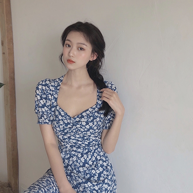 Đầm Dài Tay Ngắn Họa Tiết Hoa Thiết Kế Xẻ Tà Phong Cách Retro | BigBuy360 - bigbuy360.vn