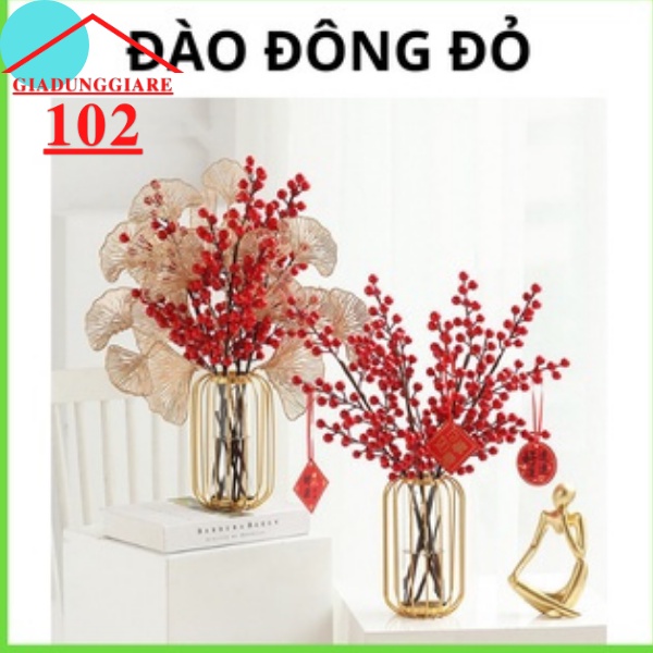 Hoa Đào Đông Đỏ Giả, Tài Lộc Hahulado , Lá Quạt Ánh Kim, hoa giả để bàn trang trí phòng khách ngày tết( giá 1cành)