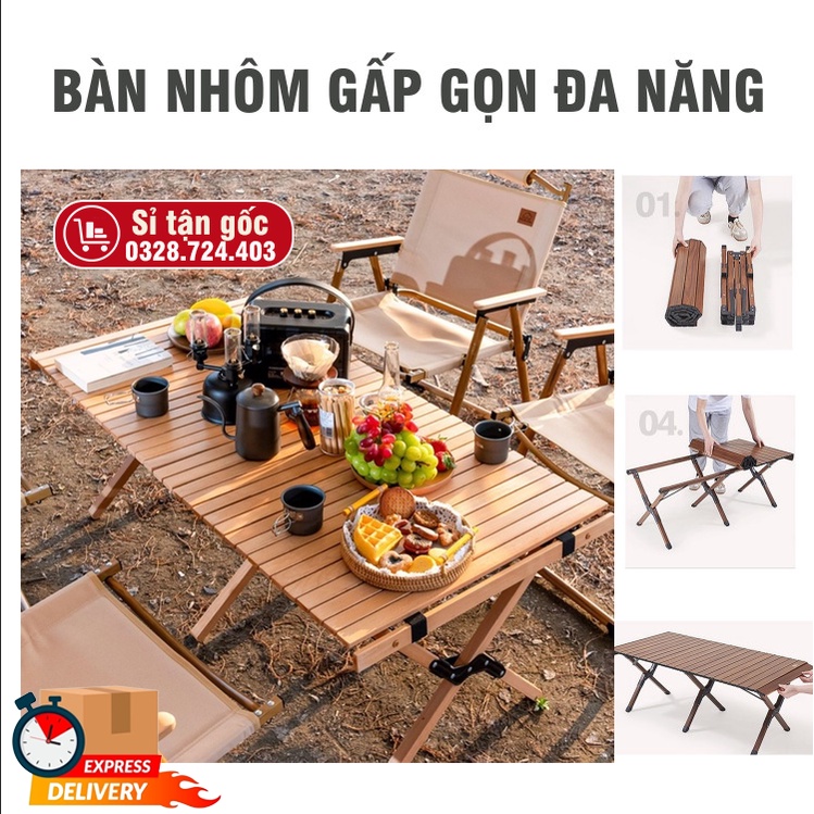 Bàn ghế nhôm gấp gọn dã ngoại camping giả vân gỗ siêu tiện lợi, bàn ghế picnic siêu tiện dụng, dụng cụ cắm trại