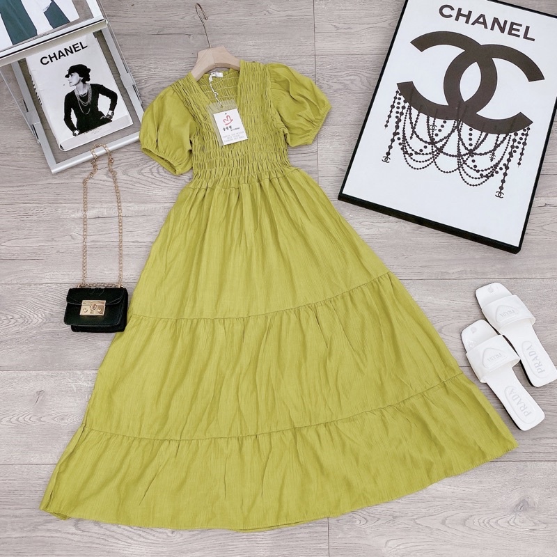 [ 𝐅𝐑𝐄𝐄 𝐒𝐇𝐈𝐏 ] VÁY MAXI CỔ V CHUN NGỰC XÒE TẦNG SIÊU XINH VẢI ĐŨI TƠ SỌC NHĂN QC