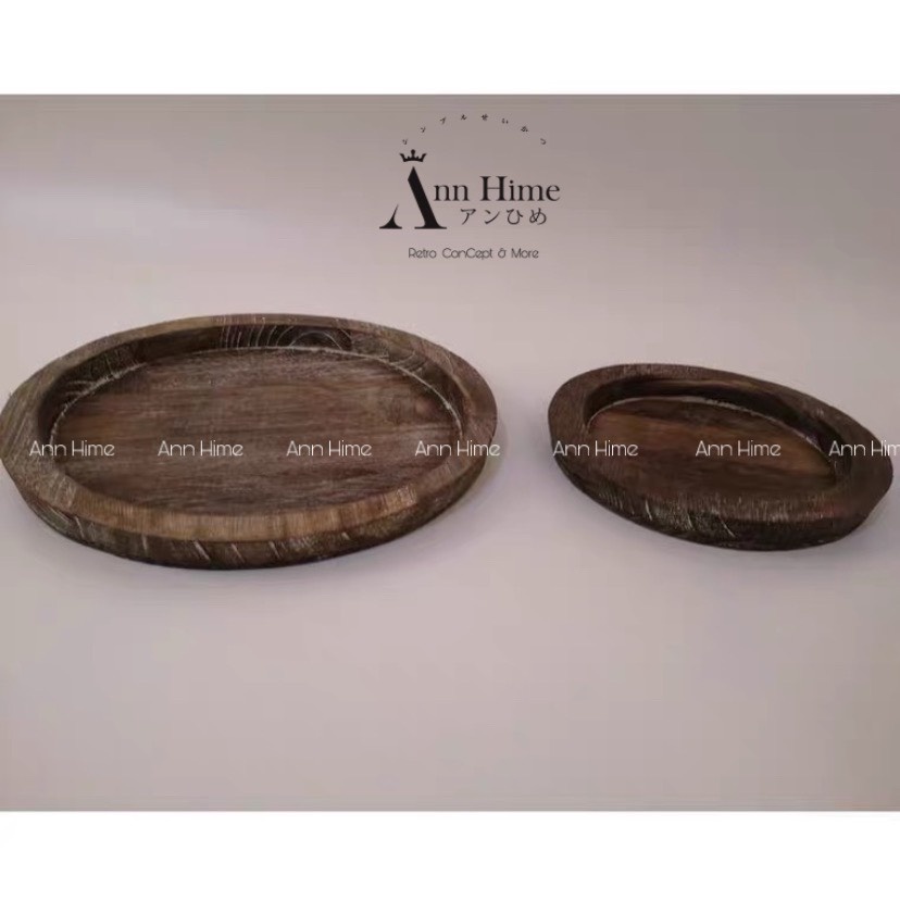 Khay Gỗ Decor Vintage Đựng Đồ Ăn Ấm Chén Hình Tròn Phong Cách Bụi Bặm Cổ Điển