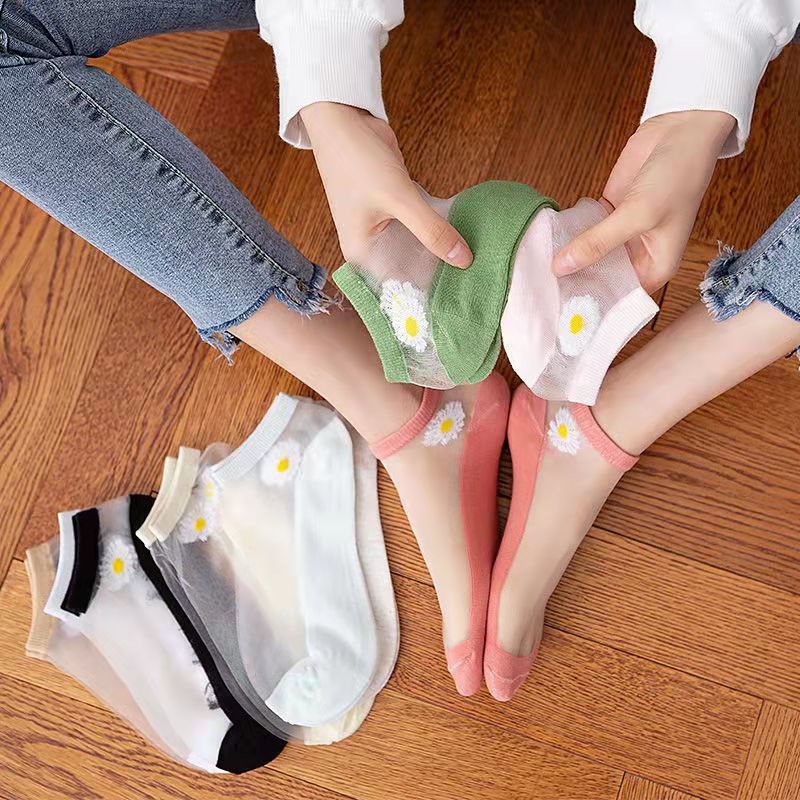 Set 10 Đôi Vớ Trong Suốt Siêu Mỏng Họa Tiết Hoa Cúc Phong Cách Hàn Quốc Cho Nữ