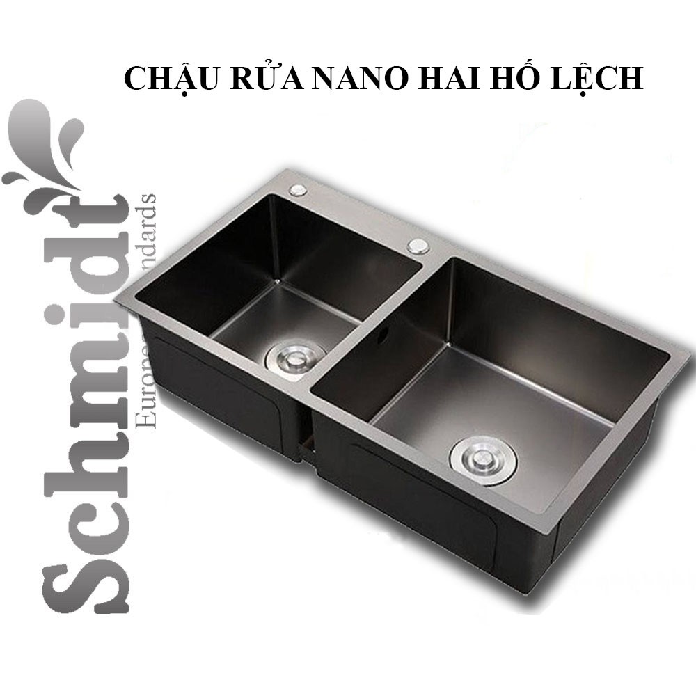 Chậu Rửa Chén Bát Schmidt Inox 304 Đôi Đúc Phủ Nano Màu Đen 2 Hố Lệch Chống Trầy Xước, Kích Thước 82x45cM