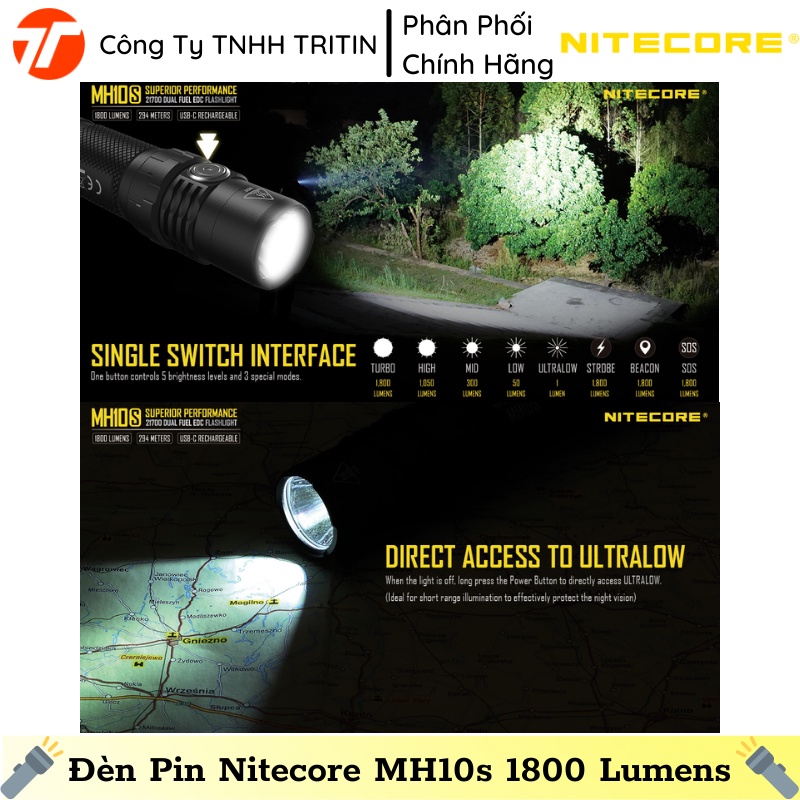 Đèn Pin EDC Nitecore MH10s 1800 Lumens, Tầm Chiếu 294m, 21700 or 18650 or CR123  | TRITINCO