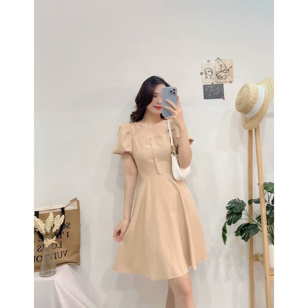 Đầm cổ vuông dự tiệc, Đầm trễ vai 2 dây Cao Cấp màu trắng, nude dáng xòe đính khuy, nữ tính quyến rũ - MiNhi