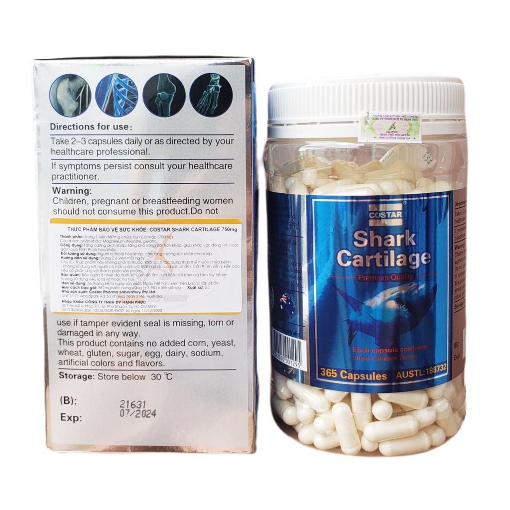 Sụn Vi Cá Mập Úc Costar Shark Cartilage 750mg Hộp 365 Viên